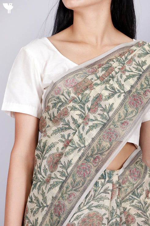 Kota Doria Saree In Floral Block Print